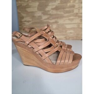 Coach Tan Camel Strappy Brown Platform Wedges Sandals Shoes 9 B Gold Wood Wedge